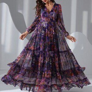 Purple Elegant Women's Floral Print long sleeved Frill Trim Maxi Dress